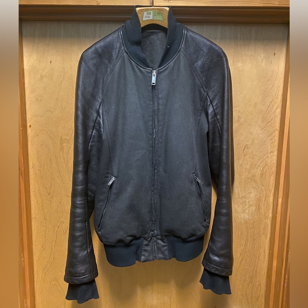 Gareth Pugh Black Leather Bomber Jacket, Rib Knit Collar, Size Large US40, IT50